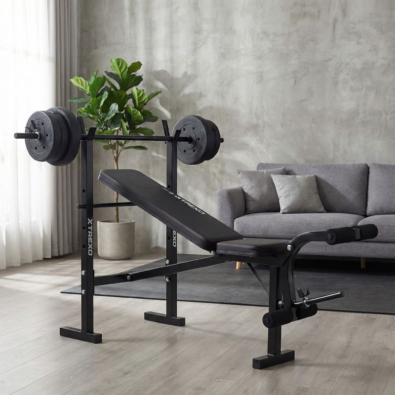 Treniruočių suoliukas XTREXO BenchFit Lite su stovu ir štanga juodas 6